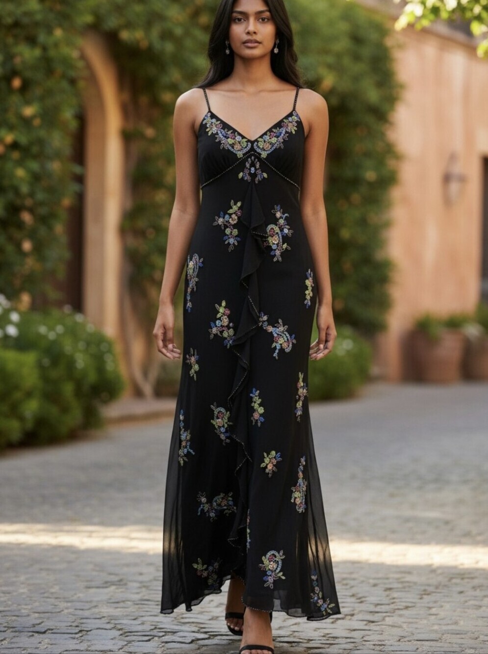Cache Black 100% Silk Beaded Floral Maxi Slip Dress Y2K Size 8 Fairycore, Whimsy